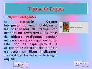 • Objetos inteligentes 
La prestación Objetos 
inteligentes aumenta notablemente 
las posibilidades de trabajar con 
métodos no destructivos. Las capas 
de objetos inteligentes admiten 
máscaras de capa y capas de ajuste. 
Este tipo de capa permite la 
aplicación de cualquier tipo de filtro 
(se denominan filtros inteligentes) 
sin modificar los datos de la imagen 
original. 
SALIR SIGUIENTE 
 