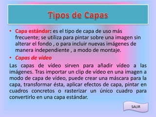 • Capa estándar: es el tipo de capa de uso más 
frecuente; se utiliza para pintar sobre una imagen sin 
alterar el fondo , o para incluir nuevas imágenes de 
manera independiente , a modo de montaje. 
• Capas de vídeo 
Las capas de vídeo sirven para añadir vídeo a las 
imágenes. Tras importar un clip de vídeo en una imagen a 
modo de capa de vídeo, puede crear una máscara para la 
capa, transformar ésta, aplicar efectos de capa, pintar en 
cuadros concretos o rasterizar un único cuadro para 
convertirlo en una capa estándar. 
SALIR 
 