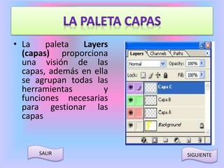 • La paleta Layers 
(capas) proporciona 
una visión de las 
capas, además en ella 
se agrupan todas las 
herramientas y 
funciones necesarias 
para gestionar las 
capas 
SALIR SIGUIENTE 
 