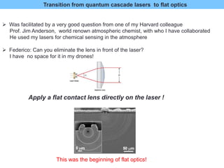 Transition from quantum cascade lasers to flat optics
 Was facilitated by a very good question from one of my Harvard colleague
Prof. Jim Anderson, world renown atmospheric chemist, with who I have collaborated
He used my lasers for chemical sensing in the atmosphere
 Federico: Can you eliminate the lens in front of the laser?
I have no space for it in my drones!
Apply a flat contact lens directly on the laser !
This was the beginning of flat optics!
 