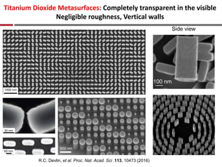 Titanium Dioxide Metasurfaces: Completely transparent in the visible
Negligible roughness, Vertical walls
46
100 nm
Side view
600 nm
R.C. Devlin, et al. Proc. Nat. Acad. Sci .113, 10473 (2016)
 