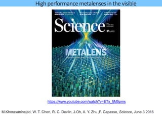 High performancemetalenses in the visible
M.Khorasaninejad, W. T. Chen, R. C. Devlin, J.Oh, A. Y. Zhu ,F. Capasso, Science, June 3 2016
https://www.youtube.com/watch?v=ETx_fjM5pms
 