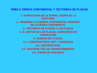 TEMA 2: DERIVA CONTINENTAL Y TECTÓNICA DE PLACAS 
1.- ESTRUCTURA DE LA TIERRA. TEORÍA DE LA 
ISOSTASIA 
2.- WEGENER Y LA DERIVA CONTINENTAL. PRUEBAS 
DE LA DERIVA CONTINENTAL 
3.- TECTÓNICA DE PLACAS Y LAS PLACAS 
4.- EL MOTOR DE LAS PLACAS. CORRIENTES DE 
CONVECCIÓN 
5.- BORDES DE PLACAS: 
5.1.- CONSTRUCTIVOS: RIFT Y DORSALES 
5.2.- DESTRUCTIVOS 
5.3.- NEUTROS: FALLAS TRANSFORMANTES 
5.4.- VISIÓN DE CONJUNTO 
 