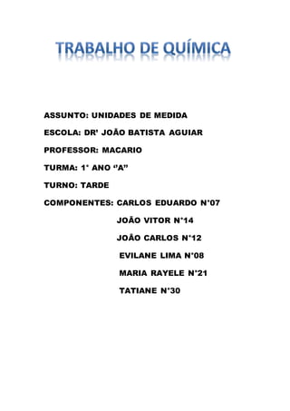 ASSUNTO: UNIDADES DE MEDIDA
ESCOLA: DR’ JOÃO BATISTA AGUIAR
PROFESSOR: MACARIO
TURMA: 1° ANO ‘’A’’
TURNO: TARDE
COMPONENTES: CARLOS EDUARDO N°07
JOÃO VITOR N°14
JOÃO CARLOS N°12
EVILANE LIMA N°08
MARIA RAYELE N°21
TATIANE N°30
 