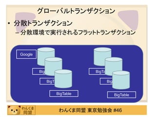 グローバルトランザクション分散トランザクション分散環境で実行されるフラットトランザクションデータがどこにあるかに依存し、ネットワーク中の複数のノードを訪問する必要があるBigTableBigTableBigTableBigTableBigTableBigTable