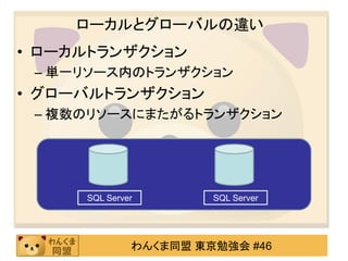 ローカルとグローバルの違いローカルトランザクション単一のリソースマネージャー内部のみグローバルトランザクション複数のリソースマネージャーにまたがるリソースマネージャー ＝ DBMS （X/Open DTP）SQL ServerOracle