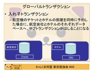 グローバルトランザクション入れ子トランザクショントランザクションが木構造になっている航空機のチケットとホテルの部屋を同時に予約した場合に、航空会社とホテルのそれぞれデータベースへ、サブトランザクションがはしることになるOracleDB2航空会社ホテル