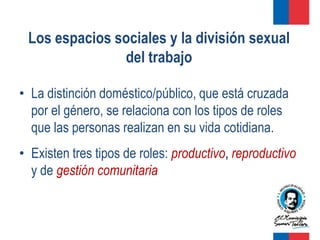 Los espacios sociales y la división sexual
               del trabajo

• La distinción doméstico/público, que está cruzada
  por el género, se relaciona con los tipos de roles
  que las personas realizan en su vida cotidiana.
• Existen tres tipos de roles: productivo, reproductivo
  y de gestión comunitaria
 