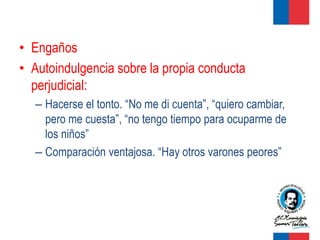 • Engaños
• Autoindulgencia sobre la propia conducta
  perjudicial:
  – Hacerse el tonto. “No me di cuenta”, “quiero cambiar,
    pero me cuesta”, “no tengo tiempo para ocuparme de
    los niños”
  – Comparación ventajosa. “Hay otros varones peores”
 
