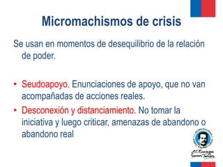 Micromachismos de crisis
Se usan en momentos de desequilibrio de la relación
  de poder.

• Seudoapoyo. Enunciaciones de apoyo, que no van
  acompañadas de acciones reales.
• Desconexión y distanciamiento. No tomar la
  iniciativa y luego criticar, amenazas de abandono o
  abandono real
 