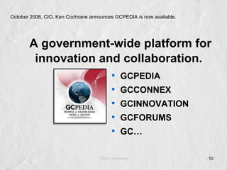 Immediate action October 2007, CIO, Ken Cochrane announces we are going to build a Collaborative Library  Environmental scan Brainstorm planning Learn by doing Low cost of failure Early planning documents stuck on the wall.  Initial pilot on TBS wiki 