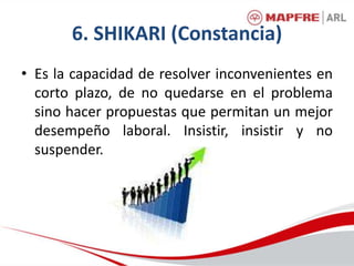 6. SHIKARI (Constancia)
• Es la capacidad de resolver inconvenientes en
corto plazo, de no quedarse en el problema
sino hacer propuestas que permitan un mejor
desempeño laboral. Insistir, insistir y no
suspender.
 