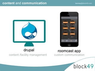 drupal roomcast app
custom communicationcontent /facility management
content and communication
escort me
parcel
access
gym
parkingvisitor
barney@block49.com
 