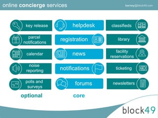 helpdesk
registration
news
notifications
forums
key release
parcel
notifications
calendar
noise
reporting
polls and
surveys
classifieds
library
facility
reservations
ticketing
newsletters
coreoptional
online concierge services barney@block49.com
 