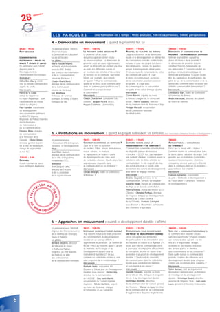 28
                           bre
                   novem




                                      L E S PA R C O U R S                            Une formation en 3 temps : 9h30 analyses, 10h30 expériences, 14h00 perspectives


                                     4 • Démocratie en mouvement : quand la proximité fait loi
    8h30 - 9h30                      En partenariat avec l’ADELS         9h15 - 10h15                                       10h15 - 11h45                                      14h00 - 15h30
    PETIT DÉJEUNER                   (Association pour                   LA PROXIMITÉ REPÈRE NÉCESSAIRE ?                   RECETTES, AU PLUS PRÈS DU TERRAIN.                 DÉMOCRATIE ET COMMUNICATION DE
                                     la Démocratie et l’Education        La proximité est au cœur                           L’approfondissement de la démocratie               PROXIMITÉ : LES PROMESSES ET LES PIÈGES
    L’ADMINISTRATION                 Locale et Sociale).                 des préoccupations et met en jeu                   locale et le développement de démarches            Sommes nous victimes aujourd’hui
    ÉLECTRONIQUE    : PROJET OU      Les pilotes :                       de nouveaux acteurs. La démocratie de              de concertations sont des réalités à des           d’un « fétichisme » de la proximité ?
    RÉALITÉ ? ATOUTS ET LIMITES      Marie-Pascale Mignot,               proximité pose un cadre réglementaire,             échelles et pour des projets fort divers :         La démocratie de proximité doit-elle
    En partenariat avec l’ADAE       architecte et professionnelle       assorti de dispositifs qui méritent une mise       décentralisation, conseils de quartiers,           constituer l’horizon indépassable de
    (Agence pour le                  associée ISIC (Institut             au point des différentes notions et                projets d’aménagement, débat public...             nos démocraties ? Comment concilier en
    Développement de                 des Sciences de l’Information       un inventaire des échelles d’intervention.         C’est une nouvelle composante du métier            pratique communication publique et
    l’Administration Electronique)   et de la Communication)             A l’échelon de la commune, quel bilan              de communicant public. Il s’agit                   démocratie participative ? Quelles leçons
    Animateur :                      Université Bordeaux 3 ;             fait-on, par exemple, des conseils                 d’abord de communiquer au service                  tirer des expériences de participation, du
    Gilles Bon-Maury, ADAE           Charles-Marie Boret,                de quartier ? Pour les communicants,               de la concertation pour faire avancer              point de vue de la communication et de la
    chef de mission communication    directeur de la communication       quelle est la place de la communication            les projets ; il s’agit aussi                      démocratie, comment mettre en oeuvre une
    auprès du public.                de la Communauté                    dans les systèmes participatifs locaux ?           de communiquer sur la concertation                 véritable communication démocratique ?
    Intervenants :                   urbaine de Bordeaux ;               Comment et pourquoi évaluer                        en quête d’une valeur d’image ajoutée.             Intervenants :
    Pierre de la Coste,              Loïc Blondiaux,                     la concertation ?                                  Intervenants :                                     Christian Le Bart, maître de conférence
    auteur du rapport sur            Professeur de sciences              Intervenants :                                     Colette Ronxin, adjointe au maire                  à l’Université de Rennes ;
    « L’Hyper République : bâtir     politiques à l’Institut d’Etudes    Claude Chardonnet, consultante C&S                 d’Amiens, chargée de la démocratie                 André Hartereau, directeur de cabinet
    l’administration en réseau       Politiques de Lille.                conseils ; Jacques Picard, ADELS ;                 locale ; Thierry Douland, directeur                du maire de Lanester.
    autour du citoyen » ;                                                Hugues Cazenave, OpinionWay.                       de la communication de Morsang/Orge ;
    Paul Guédon, responsable                                                                                                Philippe Marzolf, vice-président
    du développement                                                                                                        de la Commission nationale
    des coopérations publiques                                                                                              du débat public.
    à ARANTIS (Agence
    Régionale de Poitou-Charentes
    des technologies
    de l’Information et
    de la Communication) ;
    Florence Bibes, chargée
    de communication                 5 • Institutions en mouvement : quand les projets redessinent les territoires                                                        avec l’association « Entreprises,Territoires et Développement »
    à la Préfecture de la
    Gironde ; Olivier Simon,         En partenariat avec                 9h15 - 10h15                                       10h15 - 11h45                                      14h00
    directeur général adjoint        l’Association ETD (Entreprises,     COMMENT SE DÉTERMINE UN TERRITOIRE ?               COMMENT RENDRE LISIBLE LA                          ACTEURS     PUBLICS: CONCURRENCE
    de la ville de Vandœuvre,        Territoires, et Développement).     Quel est le sens de la notion                      TRANSFORMATION D’UN TERRITOIRE ?                   OU SYNERGIE     ?
    chargé de la proximité           Pilote :                            de territoire ? Réel, virtuels, institutionnels,   Comment faire comprendre et rendre lisible         Est-ce que le projet suffit à fédérer ?
    et des TIC.                      Jean-Marc Joussen,                  ruraux, urbains.. Ils évoluent,                    les dispositifs porteurs de nouveaux               Comment inscrire la communication dans
                                     directeur de la communication       se superposent, se forgent à partir                « territoires » (SCOT, PLU..)qui impliquent        la durée, après l’adoption du projet. Est-il
    12h30 - 14h                      de la Ville d’Angoulême,            de dynamiques locales mais aussi                   une multitude d’acteurs. Comment assurer la        possible que les institutions (collectivités,
    DÉJEUNER                         Président du CCC.                   de contraintes diverses. Quelle place faire        cohérence entre les divers échelons de             structures intercommunales, chambres
    Pris en commun sur place         Animateur :                         aux nouveaux dispositifs dans                      communication ; le rôle respectif des élus,        consulaires, services publics..) s’effacent
    (avec la Région Aquitaine).      Jean-Jacques Lamy,                  la communication sur les territoires ?             des techniciens et de la société civile            dans la communication sur les territoires –
                                     directeur de l’accueil              Intervenant :                                      (notamment des conseils de développement)          pour renforcer leur visibilité ?
                                     et de la promotion                  Christel Alvergne, maître de conférences           pour définir un langage commun.                    Intervenant :
                                     de la région Limousin.              à Bordeaux 3.                                      Intervenants :                                     François Salzgeber, responsable
                                                                                                                            Béatrice Guyard, directrice de la                  du pôle « Méthodes et développement »
                                                                                                                            communication, SAN du Val Maubué ;                 de l’association « Entreprises, Territoires
                                                                                                                            Sandrine Poulet, chargée de communication          et Développement ».
                          tion en
                     ip
                                                                                                                            du Pays de la Baie de Saint-Michel ;
                                                                                                                            Thierry Touitou, chargé de mission SCOT
                                     lig
                r
              Insc




                                                                                                                            Obernai ; Christine Perthuis, directeur
                                         ne




                                                                                                                            de l’Agence d’Appui au Développement
                                                                                                                            Territorial du Conseil Général
                                                                                                                            de la Gironde ; François Cassignol,
              s ur




                                      rg




                                                                                                                            sous-directeur à l’Assemblée permanente
                   w
                                     .o




                       ww            m                                                                                      des chambres d’agriculture.
                         .c a p -c o


                                     6 • Approches en mouvement : quand le développement durable s’affirme
                                     En partenariat avec l’ADEME         9h15 - 10h15                                       10h15 - 11h15                                      14h00 - 16h30
                                     (Agence de l’Environnement et       LES ENJEUX DU DÉVELOPPEMENT DURABLE                COMMUNIQUER POUR       ACCOMPAGNER                 VERS UNE « COMMUNICATION DURABLE »
                                     de la Maîtrise de l’Energie),       Trop souvent réduits à la seule protection         UN PROJET DE DÉVELOPPEMENT DURABLE                 La communication peut-elle séduire
                                     Dexia et Public(s)                  de l’environnement, le développement               De la conception des démarches                     sans être superficielle ? Peut-on conduire
                                     Les pilotes :                       durable est un concept difficile à                 de participation et de concertation avec           une communication qui soit à la fois
                                     Bernard Deljarrie, directeur        appréhender et à traduire. Du Sommet de            les habitants à l’édition d’un Agenda 21           efficace et responsable, éthique,
                                     du Mécénat de Dexia                 Rio de 1992 au troisième appel à projets           local, quel rôle les communicants ont-ils          économe de ses moyens, soucieuse
                                     et Catherine Falcoz,                du ministère de l’Ecologie et du                   à jouer pour accompagner efficacement              des deniers publics et attentive
                                     rédactrice en chef adjointe         Développement durable pour la                      la conception, la mise en œuvre et la              à la consommation de ses ressources ?
                                     de Public(s), la lettre             réalisation d’Agendas 21 locaux,                   promotion d’un projet de développement             Dans quelle mesure la communication
                                     des professionnels                  comment les collectivités locales se sont-         durable ? Quels sont les dispositifs               peut-elle s’inspirer des réflexions sur le
                                     de la communication territoriale.   elles emparées de la problématique ?               de communication dans les collectivités            développement durable pour s’imposer
                                                                         Intervenants :                                     locales pour sensibiliser les habitants            comme une « communication durable » ?
                                                                         Nathalie Holec, association 4D                     et leurs agents à ses enjeux ?                     Intervenants :
                                                                         (Dossiers et Débats pour de Développement          Intervenants :                                     Sylvie Banoun, chef du département
                                                                         Durable) (sous réserve) ; Patrice Joly,            Danielle Poliautre, adjointe au maire              Information-Communication du Ministère
                                                                         directeur de la communication                      de la ville de Lille, déléguée à la qualité        de l’écologie et du développement
                                                                         de l’ADEME ; Guy Saint-Martin,                     de vie et au développement durable ;               durable ; Véronique Sauret, directrice
                                                                         vice-président du Conseil régional                 Dominique Roynette, directrice                     associée de l’Agence Verte ; Jean-Louis
                                                                         Aquitaine ; Michel Duchêne, adjoint                de la communication du Conseil général             Laure, président d’Attention/Consultants.
                                                                         au maire de Bordeaux, délégué                      de l’Essonne ; Manuel de Lara, directeur
                                                                         à l’Urbanisme et aux Transports.                   de la communication de la Communauté
                                                                                                                            d’agglomération Bayonne-Anglet-Biarritz.


6
 