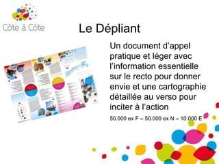 Le Dépliant Un document d’appel pratique et léger avec l’information essentielle sur le recto pour donner envie et une cartographie détaillée au verso pour inciter à l’action 50.000 ex F – 50.000 ex N – 10.000 E 