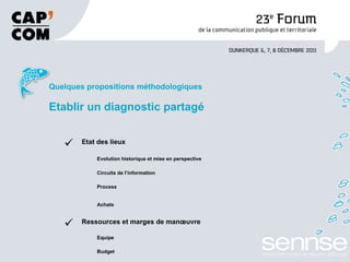 Quelques propositions méthodologiques Etablir un diagnostic partagé Etat des lieux Evolution historique et mise en perspective Circuits de l’information Process Achats Ressources et marges de manœuvre Equipe  Budget Benchmark   
