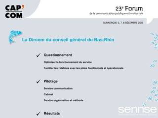 La Dircom du conseil général du Bas-Rhin Questionnement Optimiser le fonctionnement du service Faciliter les relations avec les pôles fonctionnels et opérationnels Pilotage Service communication Cabinet Service organisation et méthode Résultats Création d’une direction des communications Organisation en mode projet 