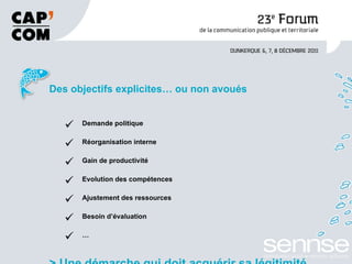 Des objectifs explicites… ou non avoués Demande politique Réorganisation interne Gain de productivité Evolution des compétences Ajustement des ressources Besoin d’évaluation … > Une démarche qui doit acquérir sa légitimité 