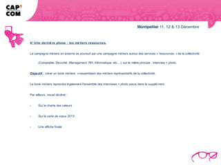 4/ Une derniè re phase : les mé tiers ressources.


La campagne mé tiers en externe se poursuit par une campagne métiers autour des services « ressources » de la collectivité

      (Comptable, Sé curité , Management, RH, Informatique, etc…), sur le mê principe : interview + photo.
                                                                            me


Objectif : cré er un book mé tiers » rassemblant des mé tiers représentatifs de la collectivité .


Le book mé tiers reprendra é galement l'ensemble des interviews + photo parus dans le supplé ment.


Par ailleurs, visuel dé cliné :


-     Sur la charte des valeurs


-     Sur la carte de vœux 2013


-     Une affiche finale
 