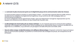 A retenir (2/3)
22
• Le contraste le plus structurant porte sur la légitimité perçue de la communication selon les niveaux.
La communication externe constitue un point d’appui majeur : une très large majorité observe qu’elle renforce
durablement la crédibilité et la légitimité de l’organisme, ce qui confirme son rôle stratégique dans un
environnement de défiance.
En miroir, la légitimité interne apparaît plus fragile, signe que l’alignement managérial, l’appropriation par les
équipes et la cohérence entre discours et vécu restent des chantiers clés.
• Le décrochage est encore plus net au niveau national, où une majorité juge que la communication publique
nationale n’accompagne pas suffisamment l’action publique et ne contribue pas assez à renforcer durablement sa
légitimité et sa crédibilité, ce qui alimente une perception de faible efficacité et de faible utilité.
• Dans le même temps, la désinformation et la défiance démocratique s’imposent comme les risques principaux
pour la communication publique, et justifient un renforcement des stratégies de preuve, de transparence et de
pédagogie.
 