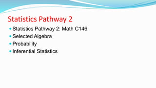 Statistics Pathway 2
 Statistics Pathway 2: Math C146
 Selected Algebra
 Probability
 Inferential Statistics
 