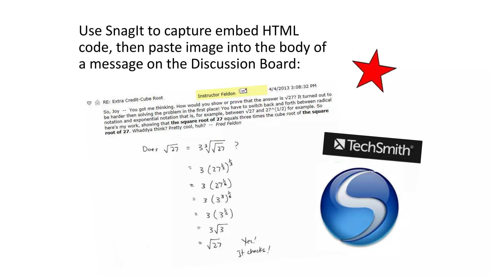 Use SnagIt to capture embed HTML
code, then paste image into the body of
a message on the Discussion Board:
 