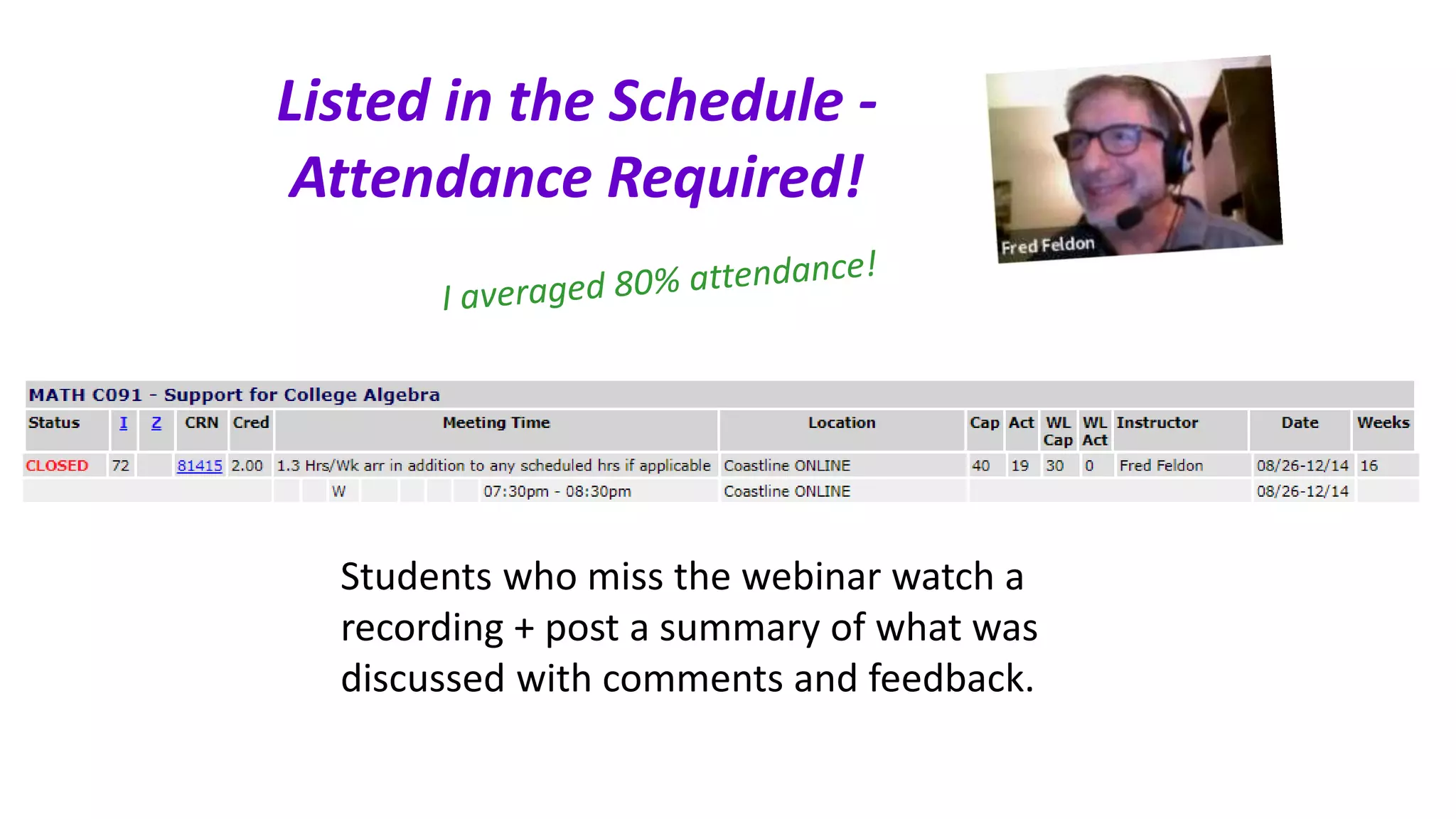 Students who miss the webinar watch a
recording + post a summary of what was
discussed with comments and feedback.
Listed in the Schedule -
Attendance Required!
 