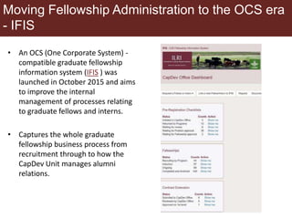 Moving Fellowship Administration to the OCS era
- IFIS
• An OCS (One Corporate System) -
compatible graduate fellowship
information system (IFIS ) was
launched in October 2015 and aims
to improve the internal
management of processes relating
to graduate fellows and interns.
• Captures the whole graduate
fellowship business process from
recruitment through to how the
CapDev Unit manages alumni
relations.
 