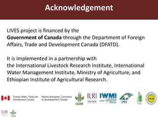 LIVES project is financed by the
Government of Canada through the Department of Foreign
Affairs, Trade and Development Canada (DFATD).
It is implemented in a partnership with
the International Livestock Research Institute, International
Water Management Institute, Ministry of Agriculture, and
Ethiopian Institute of Agricultural Research.
Acknowledgement
 