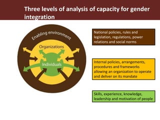 National policies, rules and
legislation, regulations, power
relations and social norms
Internal policies, arrangements,
procedures and frameworks
allowing an organization to operate
and deliver on its mandate
Skills, experience, knowledge,
leadership and motivation of people
Three levels of analysis of capacity for gender
integration
 