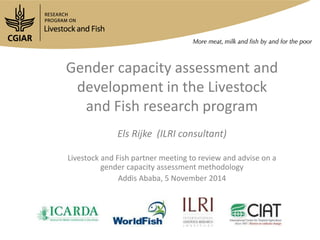 Gender capacity assessment and 
development in the Livestock 
and Fish research program 
Els Rijke (ILRI consultant) 
Livestock and Fish partner meeting to review and advise on a 
gender capacity assessment methodology 
Addis Ababa, 5 November 2014 
 