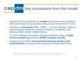 Key conclusions from this model


• Quality learning materials are assets. Good ones take significant
  effort and resources to produce. Secure your investment in them.
• Investing in standards (XML, JPEG …) is cost effective, helps to
  prevent legacy problems, ensures long-term reusability, and
  allows greater vendor independence.
• It is more efficient to produce learning materials using a single
  source publishing solution. 40-60% cheaper overall.
• A good way to deliver best practice learning designs and
  environments is to work with a partner that does a lot of this.



      Typical production tools and rich outputs >>
                                                                  6
 