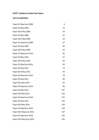 CAPE® Caribbean Studies Past Papers
LIST OF CONTENTS
Paper 01 May/June 2006 3
Paper 02 May 2006 15
Paper 03/2 May 2006 18
Paper 02 May 2008 21
Paper 03/2 May 2008 24
Paper 01 May/June 2009 27
Paper 02 May 2009 40
Paper 03/2 May 2009 43
Paper 01 May/June 2010 46
Paper 02 May 2010 57
Paper 03/2 May 2010 60
Paper 01 May/June 2011 63
Paper 02 May 2011 73
Paper 03/2 May 2011 76
Paper 01 May/June 2012 79
Paper 02 May 2012 90
Paper 032 May 2012 93
Paper 01 May/June 2013 96
Paper 02 May 2013 107
Paper 032 May 2013 110
Paper 01 May/June 2014 115
Paper 02 May 2014 126
Paper 032 May 2014 129
Paper 02 May/June 2015 134
Paper 032 May/June 2015 137
Paper 02 May/June 2016 142
Paper 032 May/June 2016 145
 