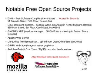 Notable Free Open Source Projects
● GNU – Free Software Compiler (C++ / others … located in Boston!)
51 Franklin Street, F...