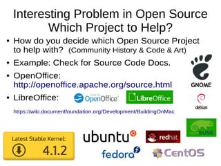 Interesting Problem in Open Source
Which Project to Help?
● How do you decide which Open Source Project
to help with? (Com...
