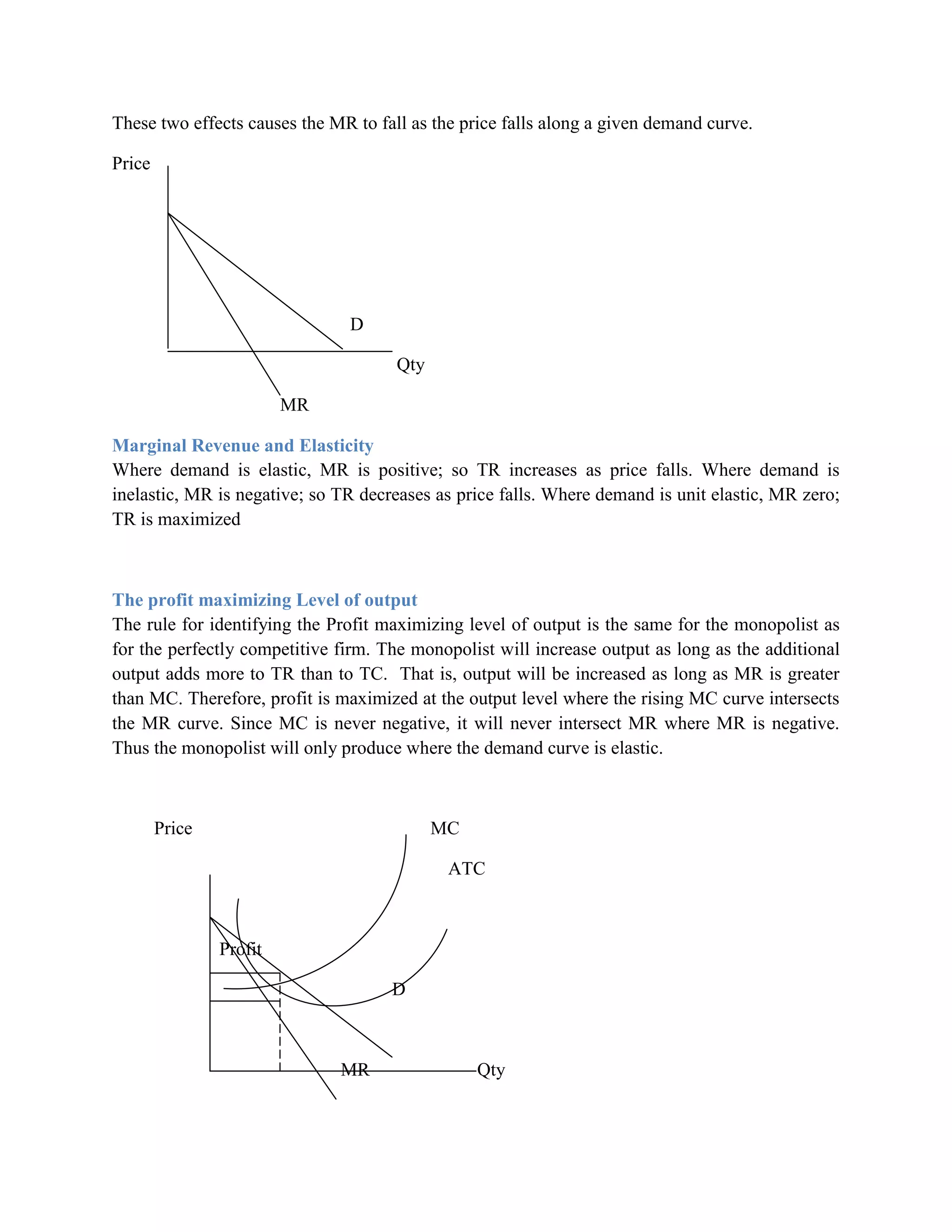 These two effects causes the MR to fall as the price falls along a given demand curve.

Price




                               D

                                      Qty

                         MR

Marginal Revenue and Elasticity
Where demand is elastic, MR is positive; so TR increases as price falls. Where demand is
inelastic, MR is negative; so TR decreases as price falls. Where demand is unit elastic, MR zero;
TR is maximized



The profit maximizing Level of output
The rule for identifying the Profit maximizing level of output is the same for the monopolist as
for the perfectly competitive firm. The monopolist will increase output as long as the additional
output adds more to TR than to TC. That is, output will be increased as long as MR is greater
than MC. Therefore, profit is maximized at the output level where the rising MC curve intersects
the MR curve. Since MC is never negative, it will never intersect MR where MR is negative.
Thus the monopolist will only produce where the demand curve is elastic.



        Price                               MC

                                             ATC



                Profit

                                     D



                              MR                 Qty
 