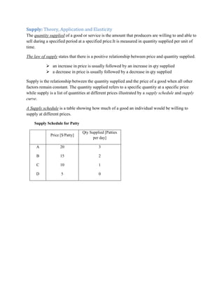 Supply: Theory, Application and Elasticity
The quantity supplied of a good or service is the amount that producers are willing to and able to
sell during a specified period at a specified price.It is measured in quantity supplied per unit of
time.

The law of supply states that there is a positive relationship between price and quantity supplied.

            an increase in price is usually followed by an increase in qty supplied
            a decrease in price is usually followed by a decrease in qty supplied

Supply is the relationship between the quantity supplied and the price of a good when all other
factors remain constant. The quantity supplied refers to a specific quantity at a specific price
while supply is a list of quantities at different prices illustrated by a supply schedule and supply
curve.

A Supply schedule is a table showing how much of a good an individual would be willing to
supply at different prices.

    Supply Schedule for Patty

                                 Qty Supplied [Patties
              Price [$/Patty]
                                       per day]

     A              20                     3

      B             15                     2

      C             10                     1

     D              5                      0
 