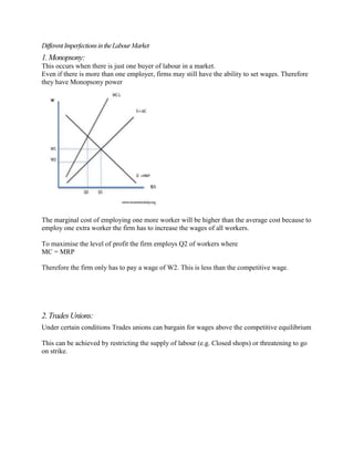 Different Imperfections in the Labour Market
1. Monopsony:
This occurs when there is just one buyer of labour in a market.
Even if there is more than one employer, firms may still have the ability to set wages. Therefore
they have Monopsony power




The marginal cost of employing one more worker will be higher than the average cost because to
employ one extra worker the firm has to increase the wages of all workers.

To maximise the level of profit the firm employs Q2 of workers where
MC = MRP

Therefore the firm only has to pay a wage of W2. This is less than the competitive wage.




2. Trades Unions:
Under certain conditions Trades unions can bargain for wages above the competitive equilibrium

This can be achieved by restricting the supply of labour (e.g. Closed shops) or threatening to go
on strike.
 