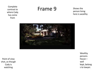 Complete
      contrast to
      where Cady
                    Frame 9   Shows the
                              person living
       has come               here is wealthy
         from




                                     Wealthy
                                     persons
 Point of view                       house –
shot, as though                      well
    Cady is                          kept, belong
   watching                          s to lawyer.
 
