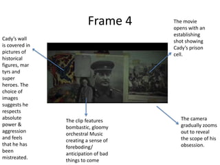Frame 4      The movie
                                      opens with an
                                      establishing
Cady’s wall                           shot showing
is covered in                         Cady’s prison
pictures of                           cell.
historical
figures, mar
tyrs and
super
heroes. The
choice of
images
suggests he
respects
absolute                                 The camera
                The clip features
power &                                  gradually zooms
                bombastic, gloomy
aggression                               out to reveal
                orchestral Music
and feels                                the scope of his
                creating a sense of
that he has                              obsession.
                foreboding/
been
                anticipation of bad
mistreated.
                things to come
 