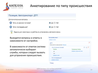 Анкетирование по типу происшествия

Выводятся вопросы и ответы в
зависимости от настройки.
В зависимости от ответов система
автоматически выбирает
службы, которых следует вызвать
для устранения происшествия.

21.02.2014

ЦОВ Системы-112 на базе решения
"Капелла.ЦОК"

13

 