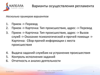 Варианты осуществления регламента
Несколько примеров вариантов

1. Прием -> Перевод
2. Прием -> Карточка: Тип происшествия, адрес -> Перевод
3. Прием -> Карточка: Тип происшествия, адрес -> Вызов
служб -> Оказание психологической и прочей помощи ->
Карточка: Сбор прочей информации с места
происшествия
4. Выдача заданий службам на устранение происшествия
5. Контроль исполнения заданий
6. Отчетность и анализ деятельности
21.02.2014

ЦОВ Системы-112 на базе решения
"Капелла.ЦОК"

7

 