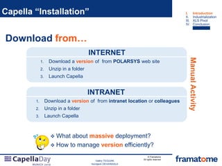 © Framatome
All rights reserved
Valéry TEGUIAK
Hondjack DEHAINSALA
Capella “Installation” I. Introduction
II. Industrialization
III. XLS Pivot
IV. Conclusion
INTERNET
1. Download a version of from POLARSYS web site
2. Unzip in a folder
3. Launch Capella
INTRANET
1. Download a version of from intranet location or colleagues
2. Unzip in a folder
3. Launch Capella
Download from…
 What about massive deployment?
 How to manage version efficiently?
ManualActivity
 