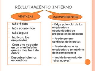 RECLUTAMIENTO INTERNO 
VENTAJAS INCONVENIENTES 
• Más rápido 
• Más económico 
• Más seguro 
• Motiva a los 
empleados 
• Crea una vacante 
en un nivel inferior 
que es más fácil de 
cubrir 
• Descubre talentos 
escondidos 
• Exige potencial de los 
empleados y 
oportunidades de 
progreso en la empresa 
• Puede generar 
conflictos de intereses 
• Puede elevar a los 
empleados a su máximo 
de incompetencia 
• Impide la entrada de 
“aires nuevos” 
 