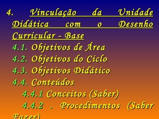 4.  Vinculação da Unidade Didática com o Desenho Curricular - Base 4.1.  Objetivos de Área 4.2.  Objetivos do Ciclo 4.3.  Objetivos Didático 4.4.  Conteúdos 4.4.1  Conceitos (Saber) 4.4.2 .  Procedimentos (Saber Fazer) 4.4.3.  Atitudes (Valorizar)  