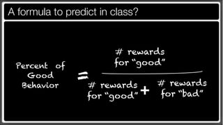 A formula to predict in class?


                        # rewards
 Percent of             for “good”
   Good        =# rewards        # rewards
  Behavior
                  for “good” +   for “bad”
 