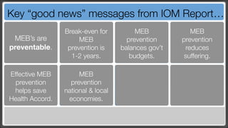 Key “good news” messages from IOM Report…
                 Break-even for          MEB            MEB
 MEB’s are            MEB             prevention     prevention
preventable.      prevention is     balances gov’t    reduces
                   1-2 years.          budgets.       suffering.

Effective MEB         MEB
  prevention       prevention
 helps save      national & local
Health Accord.    economies.
 