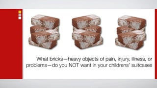 What bricks—heavy objects of pain, injury, illness, or
problems—do you NOT want in your childrens’ suitcases
 