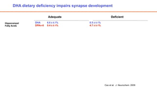 DHA dietary deficiency impairs synapse development

                          Adequate                             Deficient

Hippocampal      DHA      6.6 ± 0.7%        0.5 ± 0.1%
Fatty Acids      DPAn-6   0.4 ± 0.1%        4.7 ± 0.1%




                                                         Cao et al. J. Neurochem. 2009
 